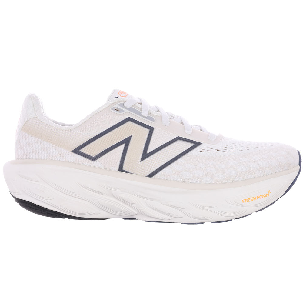 Side view on white background of Womens New Balance Fresh Foam X 1080 running shoe in Sea Salt/Vintage Indigo/Hot Mango, Wide width