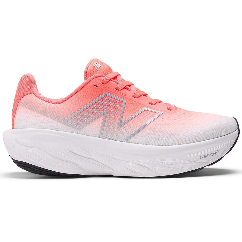Side view on white background of Womens New Balance Fresh Foam X 1080v14 running shoe in Urgent Red/Silver Metallic/Light Silver Metallic, Wide width