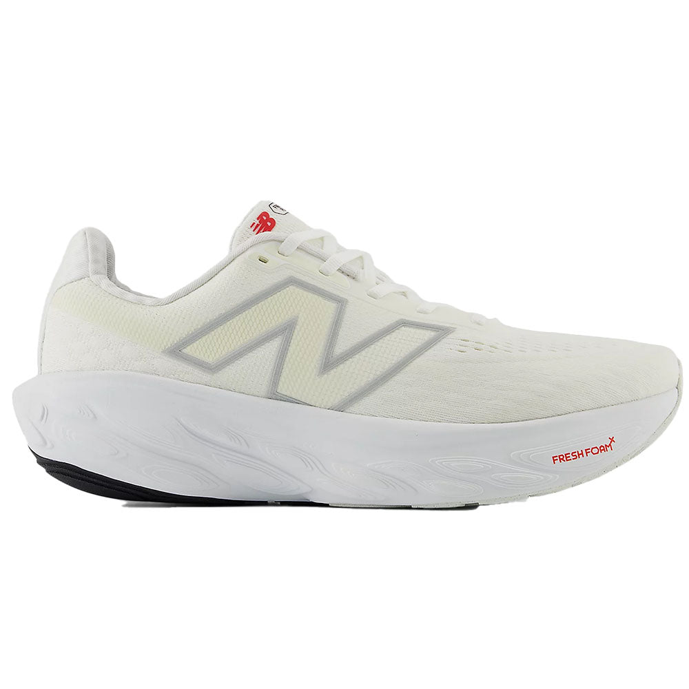 Side view on white background of Mens New Balance Fresh Foam X 1080 running shoe in White/Silver Metallic, Wide width