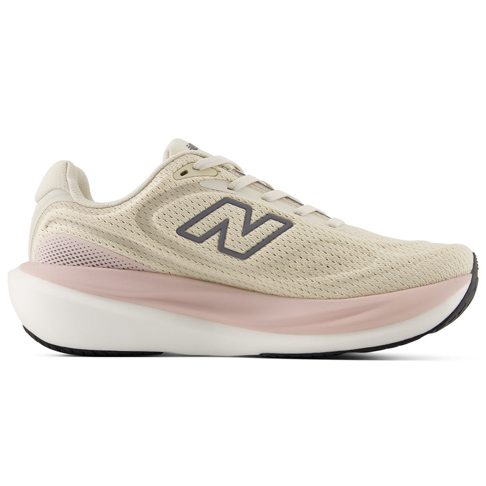 Side view on white background of Womens New Balance Fresh Foam X 1080 running shoe in Timberwolf/Neptune Grey, Medium (Regular) width