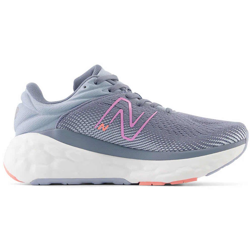 Side view on white background of Womens New Balance Fresh Foam X 840 running shoe in Arctic Grey/Raspberry, Wide width