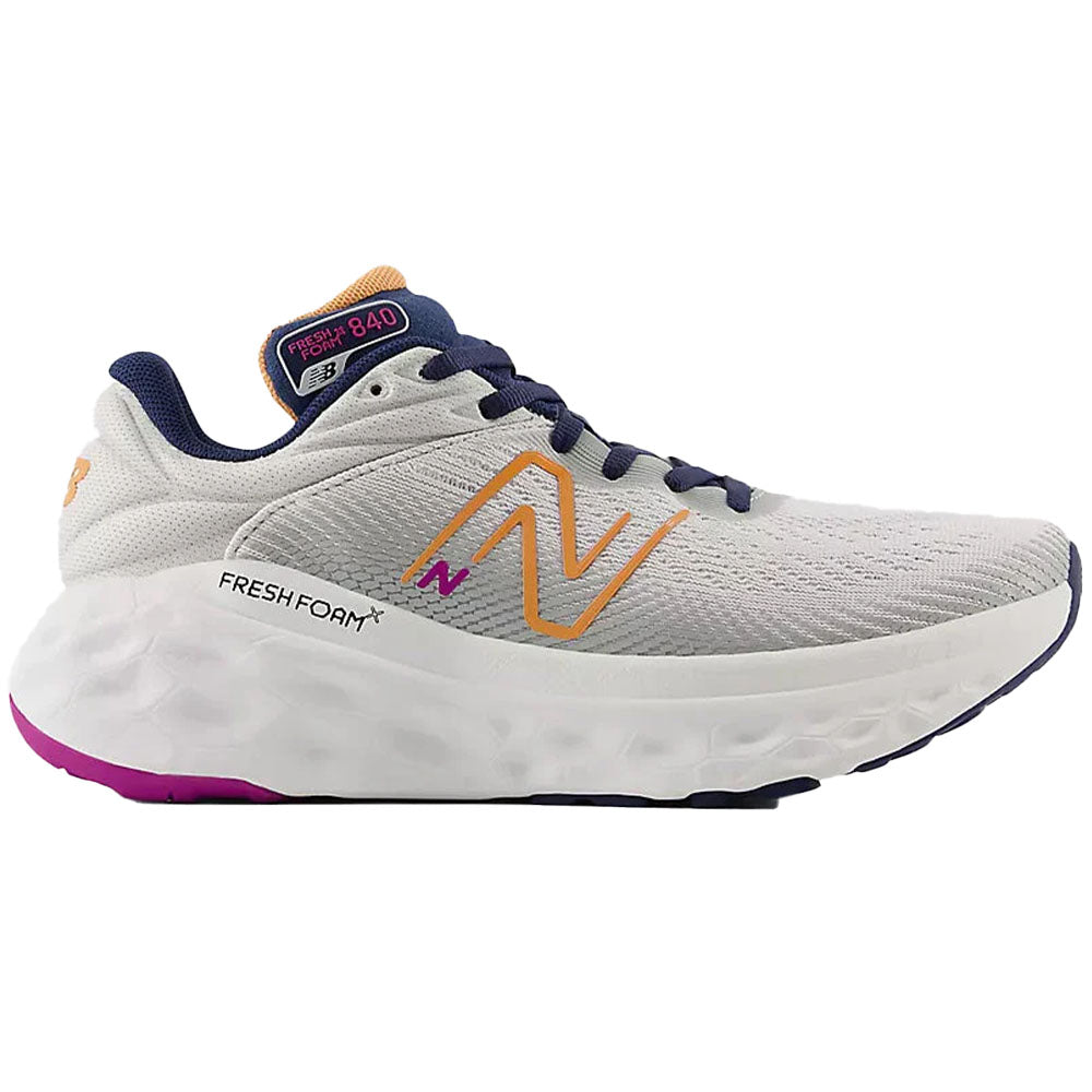 Side view on white background of Womens New Balance Fresh Foam X 840 running shoe in Grey Matter/Copper/Purple Fuchsia, Wide width