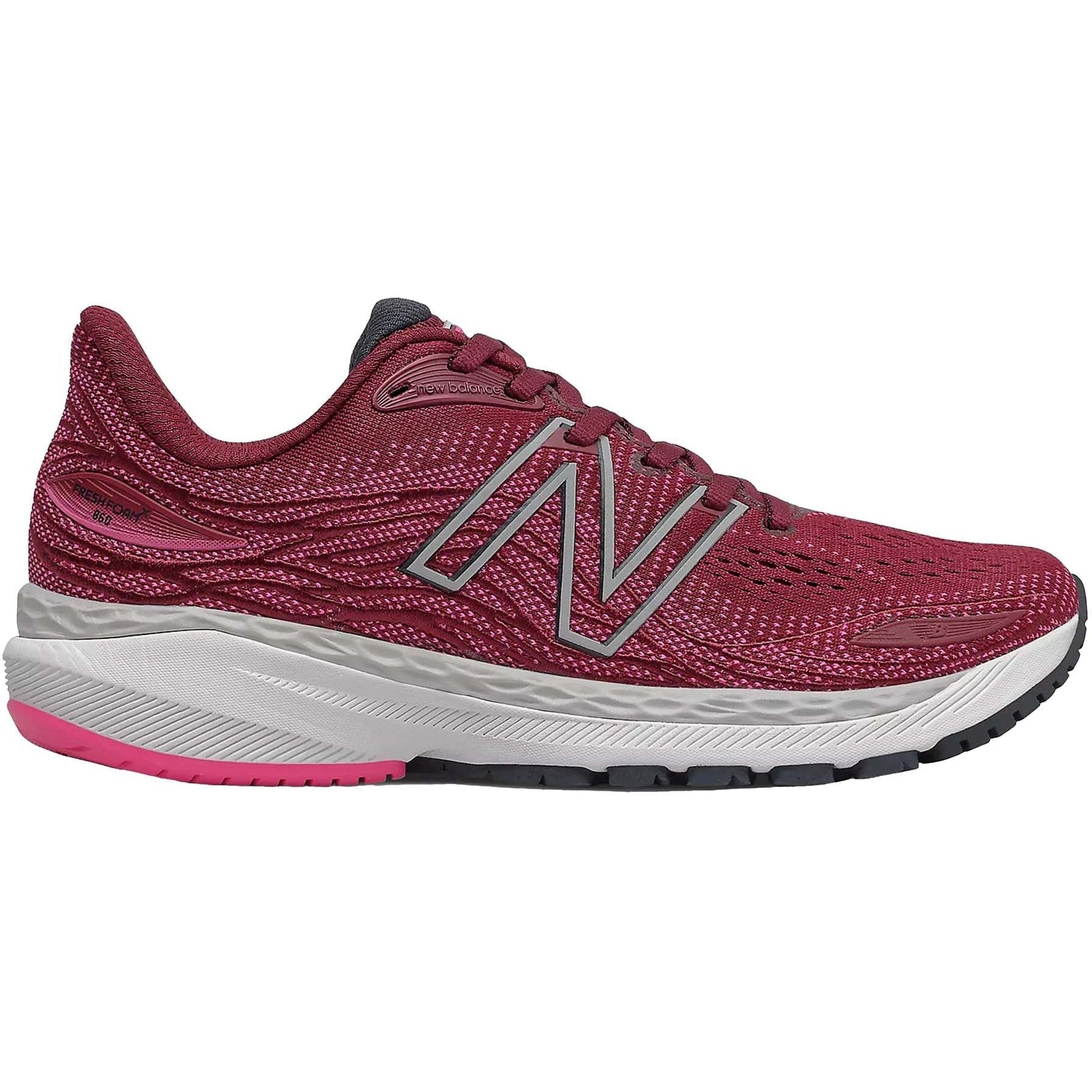Side view on white background of Womens New Balance Fresh Foam X 860v12 running shoe in Garnet/Pink Glo, Wide width