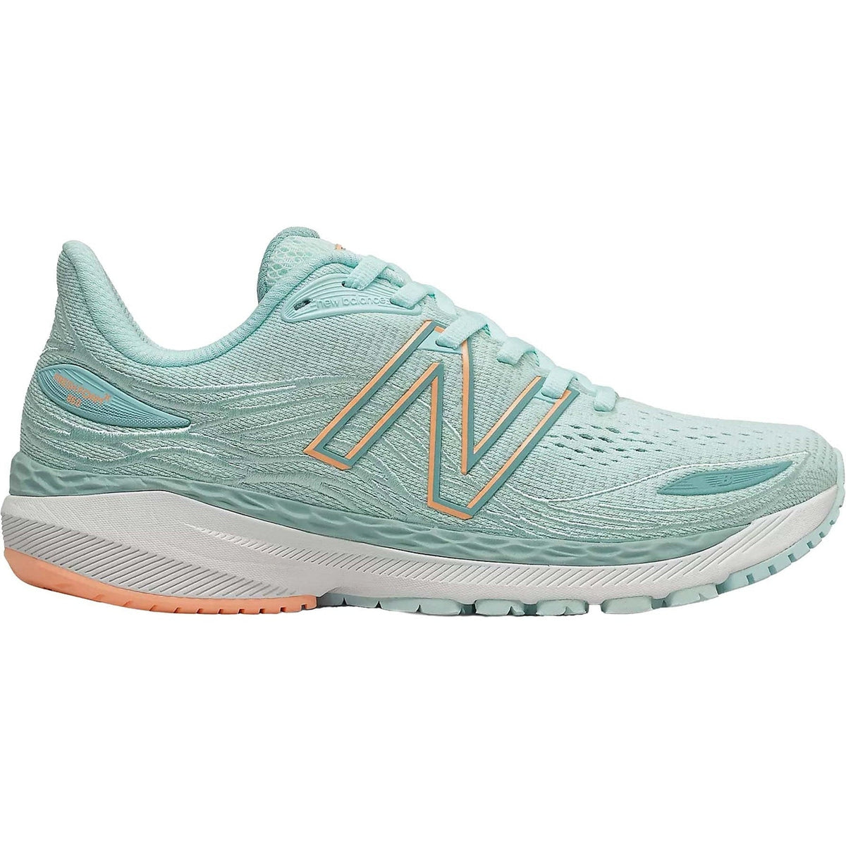 Side view on white background of Womens New Balance Fresh Foam 860 running shoe in Pale Blue Chill/Light Mango, Extra Wide width