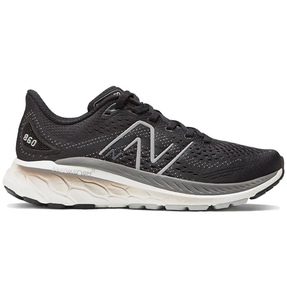 Side view on white background of Womens New Balance Fresh Foam 860 running shoe in Black/Castlerock, Narrow width