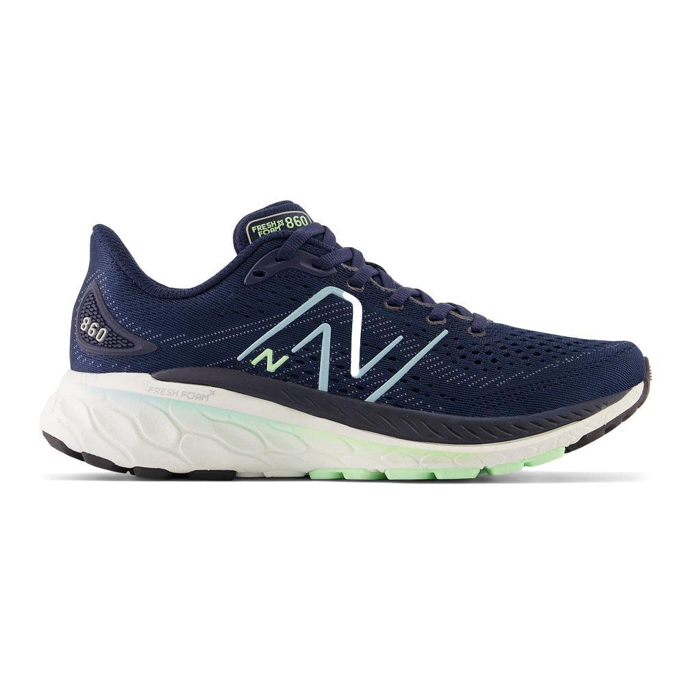 Side view on white background of Womens New Balance Fresh Foam 860 running shoe in NB Navy/Bleach Blue/Green Aura, Wide width