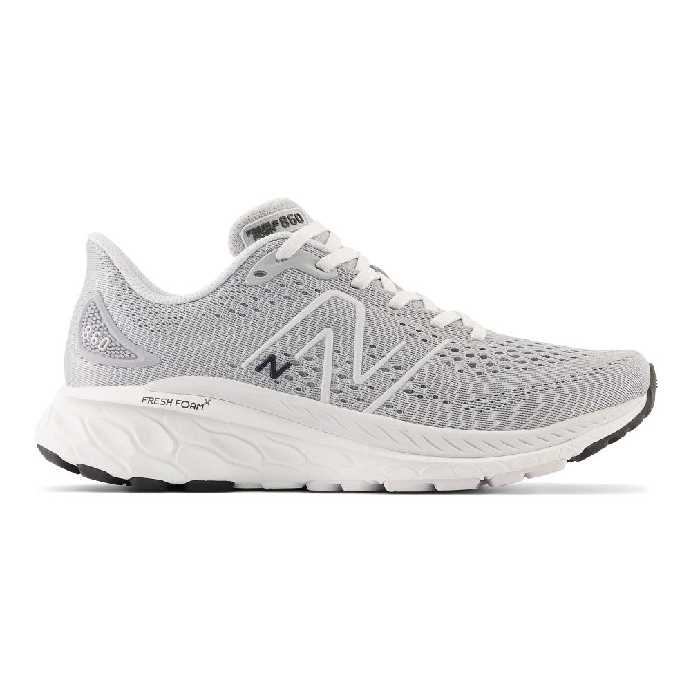 Side view on white background of Womens New Balance Fresh Foam 860 running shoe in Aluminum Grey/Quartz Grey, Medium (Regular) width