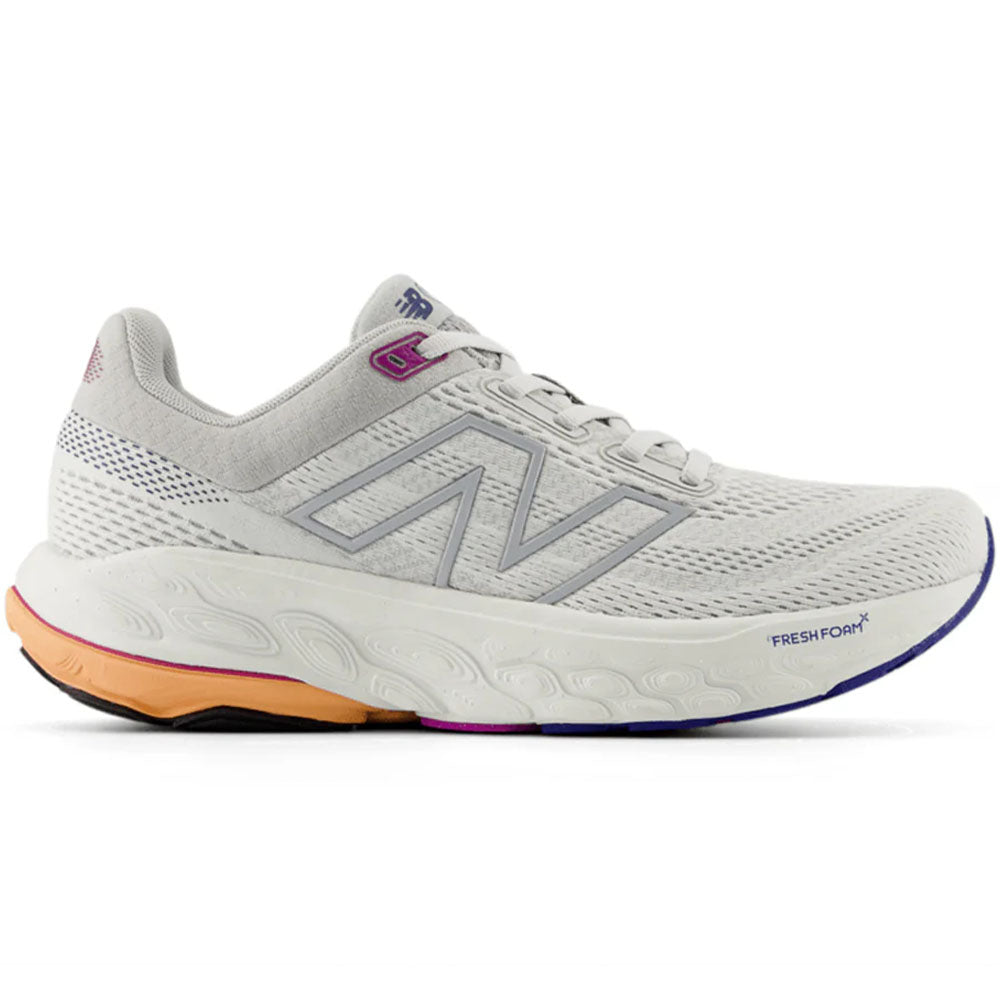 Side view on white background of Womens New Balance Fresh Foam 860 running shoe in Grey Matter/Copper/Silver Metallic, Wide width