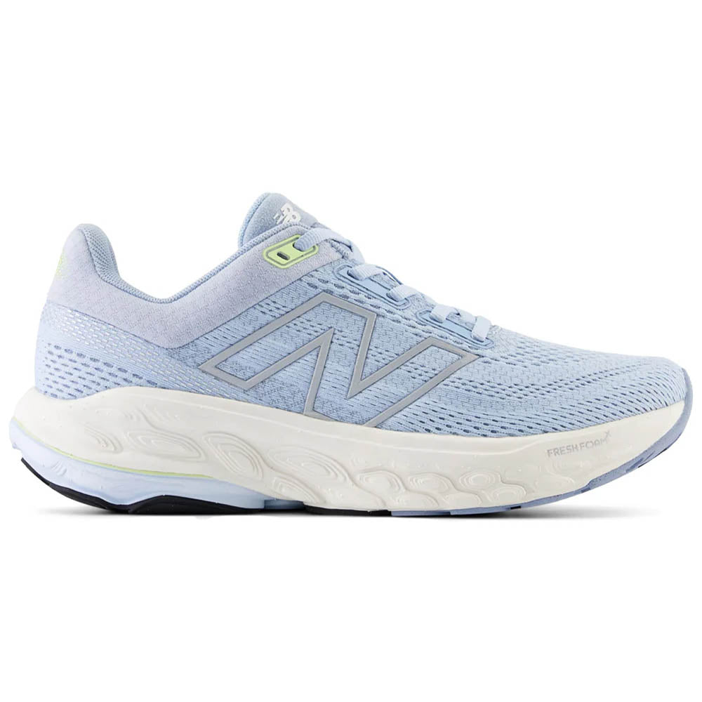 Side view on white background of Womens New Balance Fresh Foam 860 running shoe in Light Chrome Blue/Limelight, Wide width