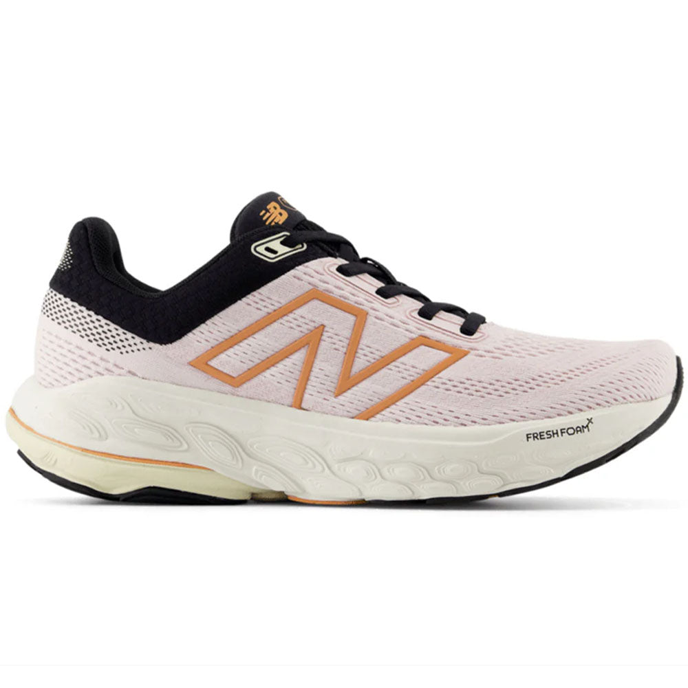 Side view on white background of Womens New Balance Fresh Foam 860 running shoe in Pink Granite/Copper/Calcium, Wide width