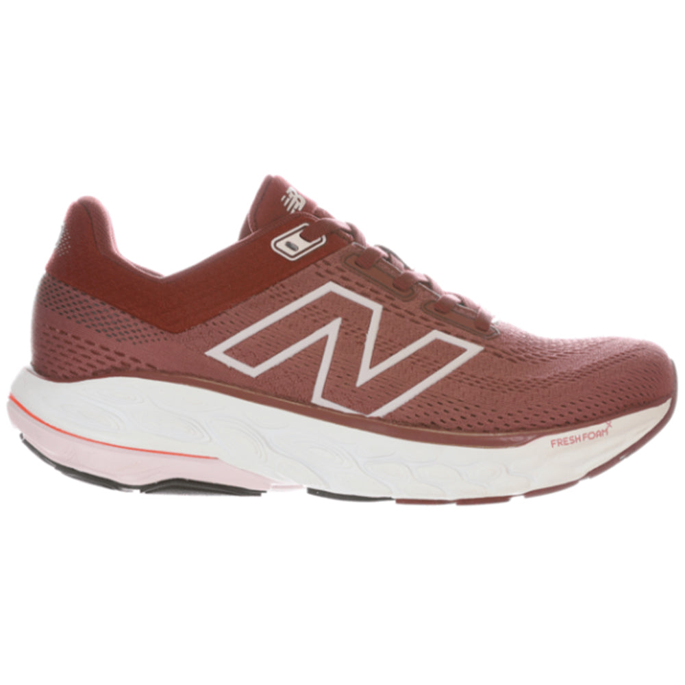 Side view on white background of Womens New Balance Fresh Foam 860 running shoe in Washed Burgundy/Monarch Burgundy/Pink Granite, Wide width