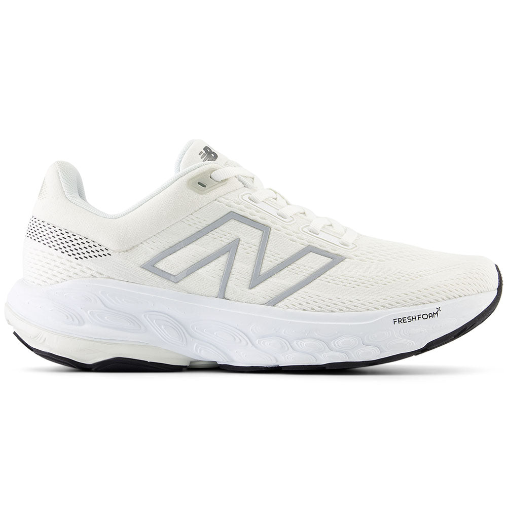 Side view on white background of Womens New Balance Fresh Foam 860 running shoe in White, Narrow width