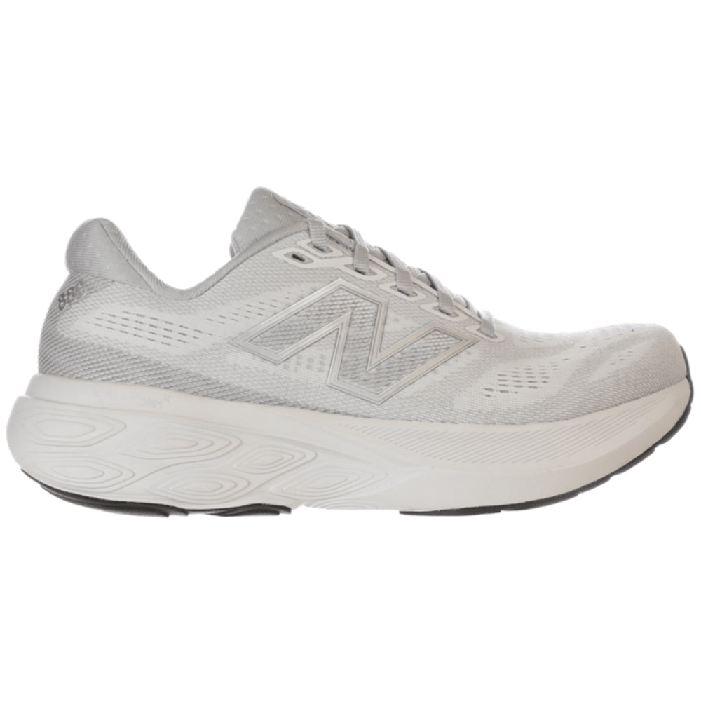 Side view on white background of Womens New Balance Fresh Foam 880 running shoe in Grey Matter/Raincloud/Black, Medium (Regular) width