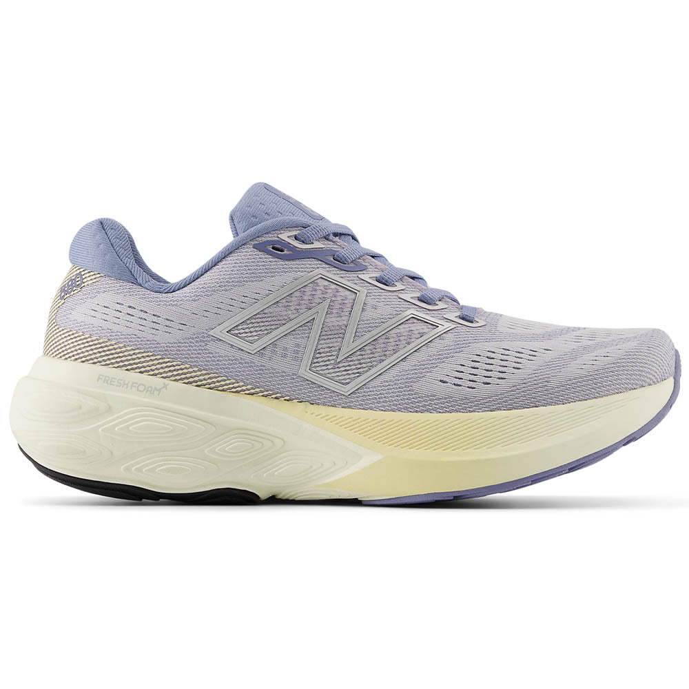 Side view on white background of Womens New Balance Fresh Foam 880 running shoe in Pearl Grey/Dusk Shower/Calcium, Wide width