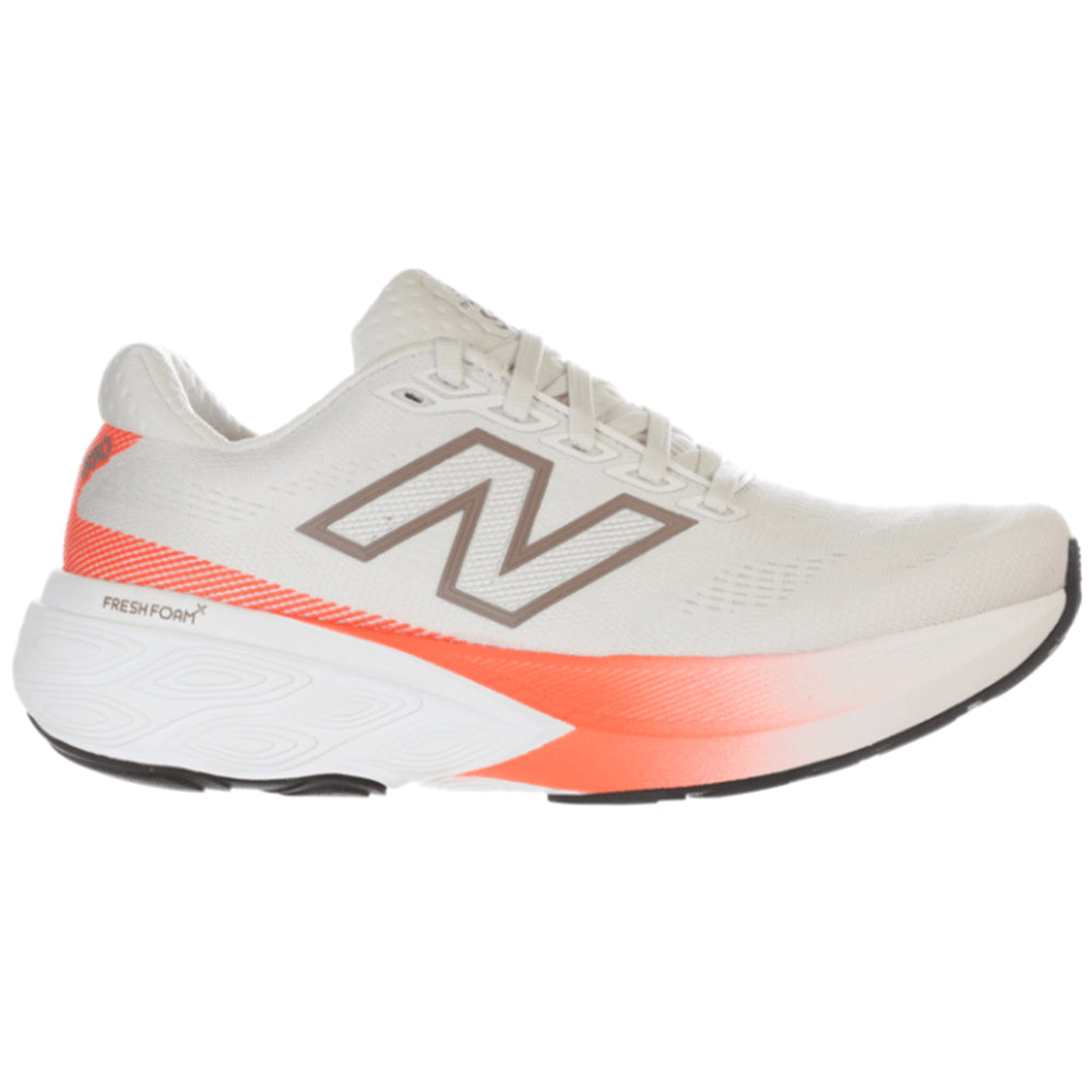 Side view on white background of Womens New Balance Fresh Foam 880 running shoe in Reflection/Urgent Red/Earth Shadow, Wide width