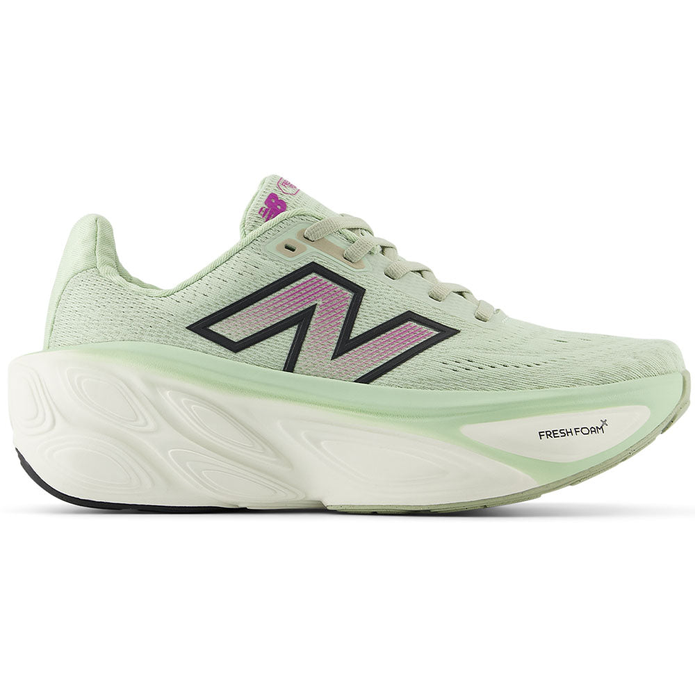 Side view on white background of Womens New Balance Fresh Foam X More running shoe in Natural Mint/Purple Fuchsia/Black, Wide width