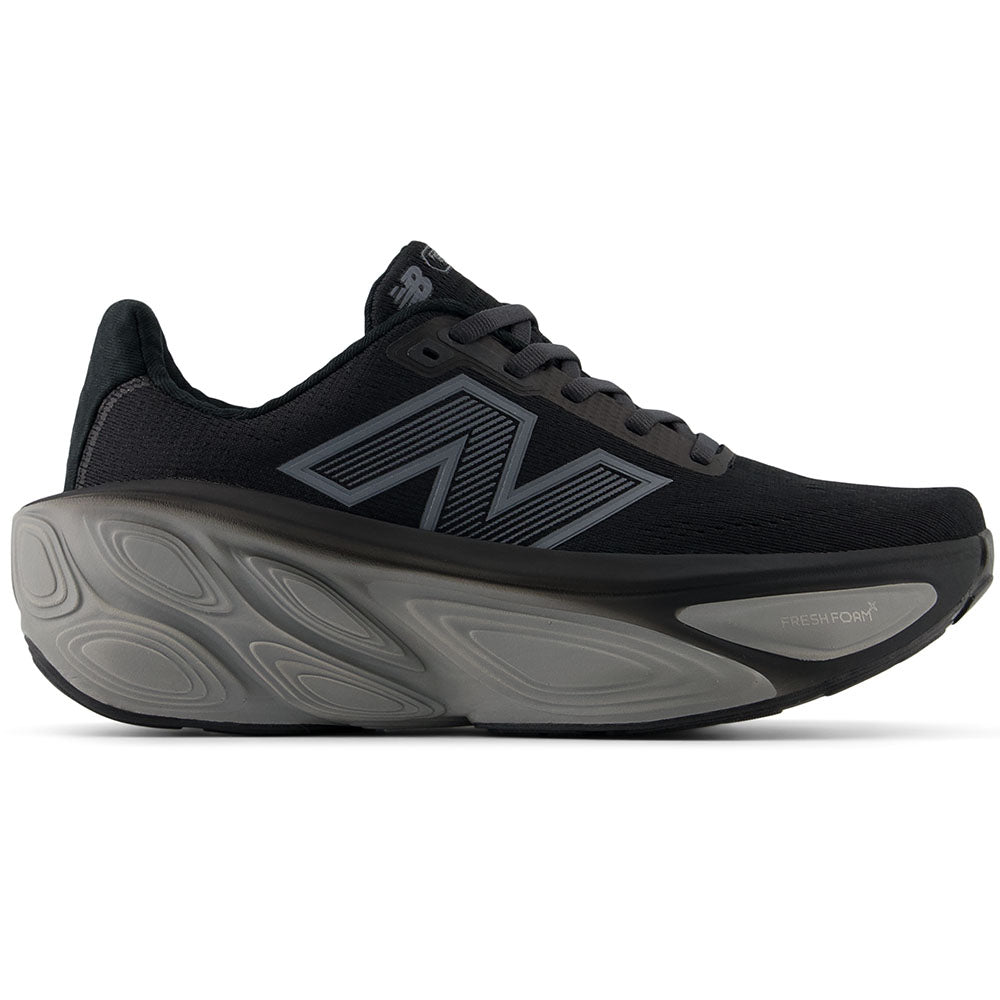 Side view on white background of Womens New Balance Fresh Foam X More running shoe in Phantom/Sea Salt/Light Gold Metallic, Extra Wide width
