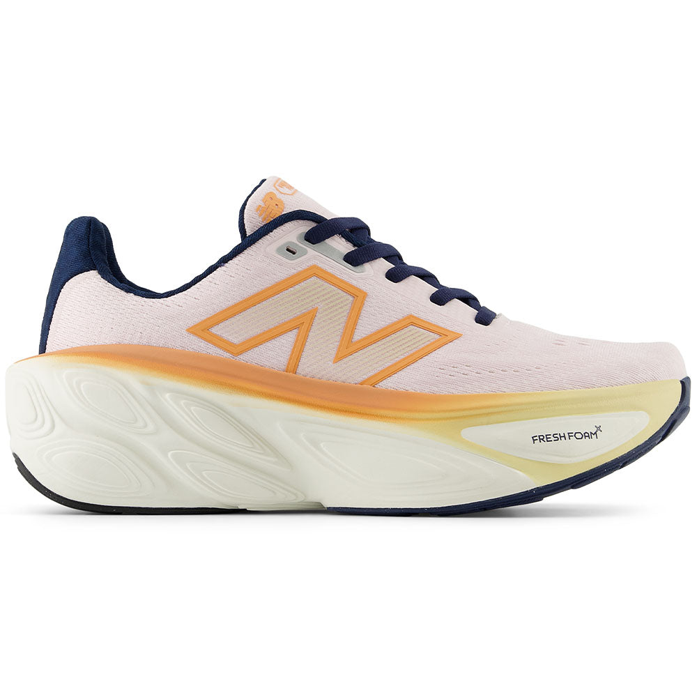 Side view on white background of Womens New Balance Fresh Foam X More running shoe in Pink Granite/Copper/Calcium, Medium (Regular) width