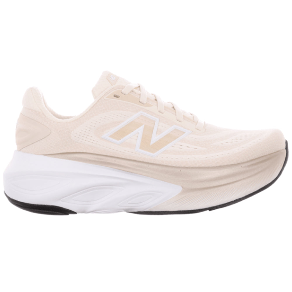 Side view on white background of Womens New Balance Fresh Foam X More running shoe in Permafrost/Bisque/NB 103 White, Medium (Regular) width