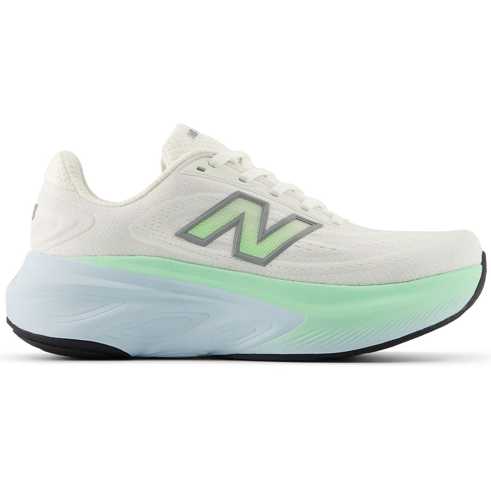 Side view on white background of Womens New Balance Fresh Foam X More running shoe in Sea Salt/Lab Green/Frosted Glass, Wide width