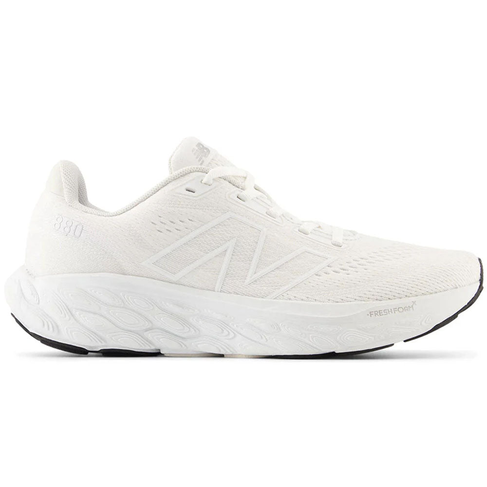 Side view on white background of Womens New Balance Fresh Foam 880 running shoe in White/Silver Metallic/Sea Salt, Extra Wide width