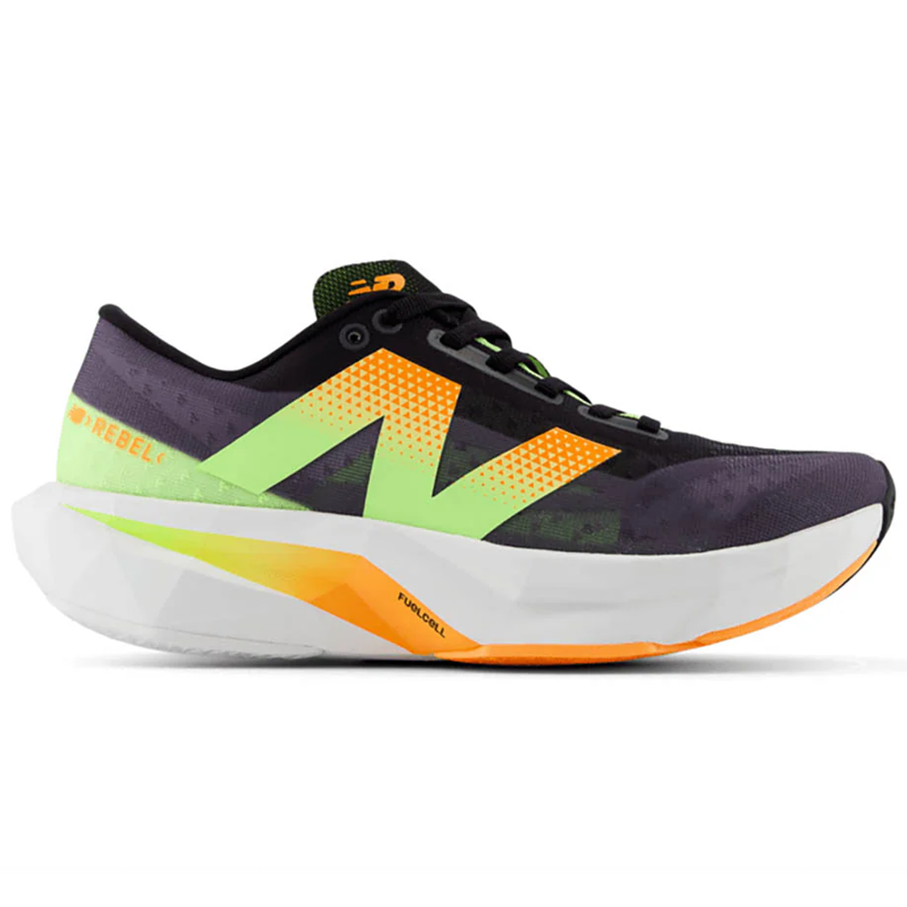 Side view on white background of Womens New Balance FuelCell Rebel running shoe in Black/Graphite/White/Hot Mango, Medium (Regular) width