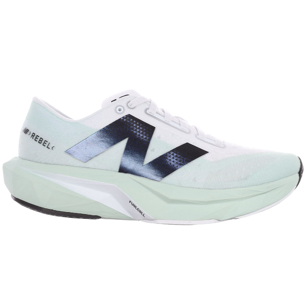 Side view on white background of Womens New Balance FuelCell Rebel running shoe in Clay Ash/White/Black, Medium (Regular) width