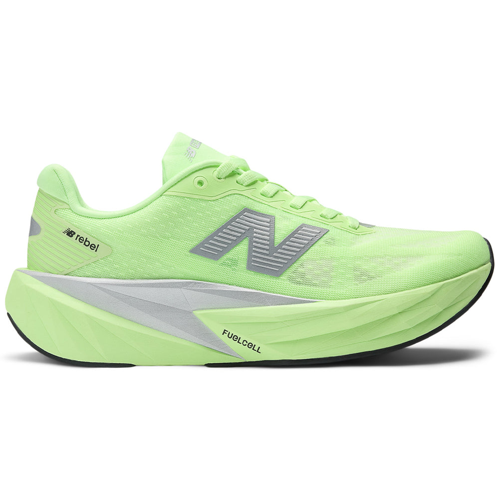 Side view on white background of Womens New Balance FuelCell Rebel v5 running shoe in Lab Green/Silver Metallic/White, Medium (Regular) width