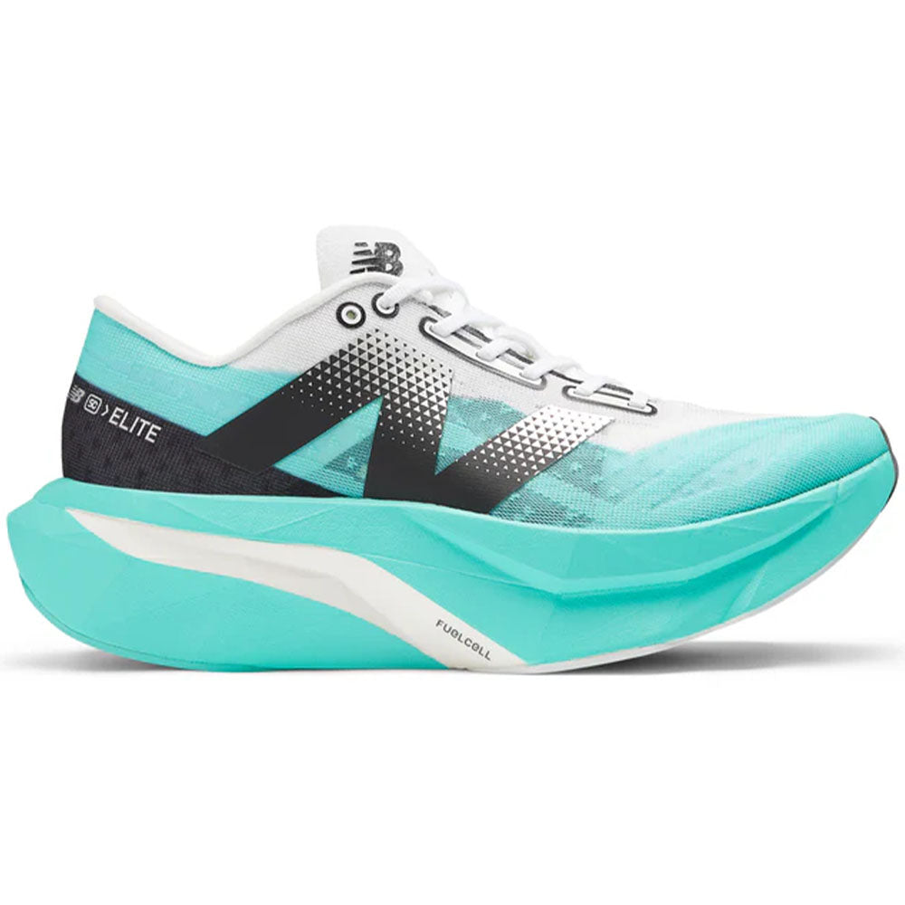 Side view on white background of Womens New Balance FuelCell SuperComp running shoe in Cyber Jade/White/Black/Silver Metallic, Medium (Regular) width