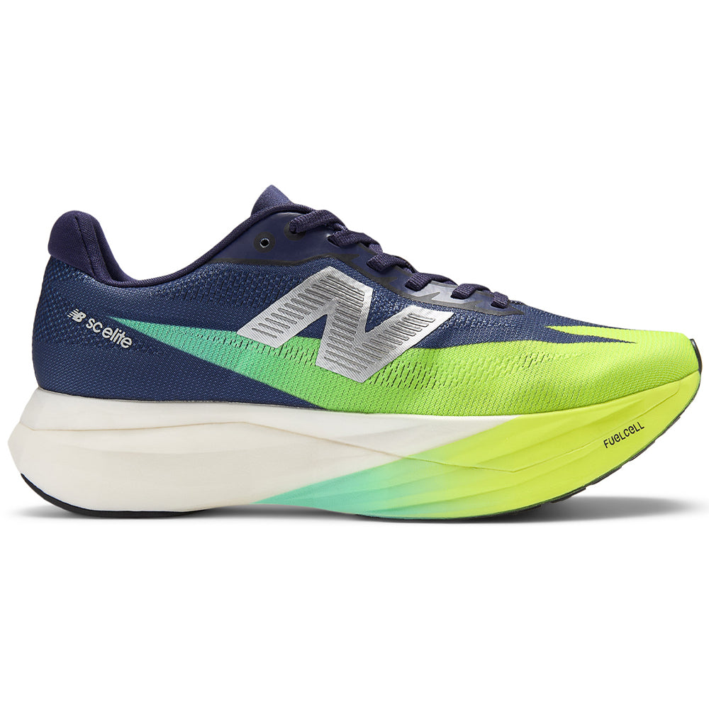 Side view on white background of Womens New Balance FuelCell SuperComp running shoe in Boysenberry/Afterglow, Medium (Regular) width