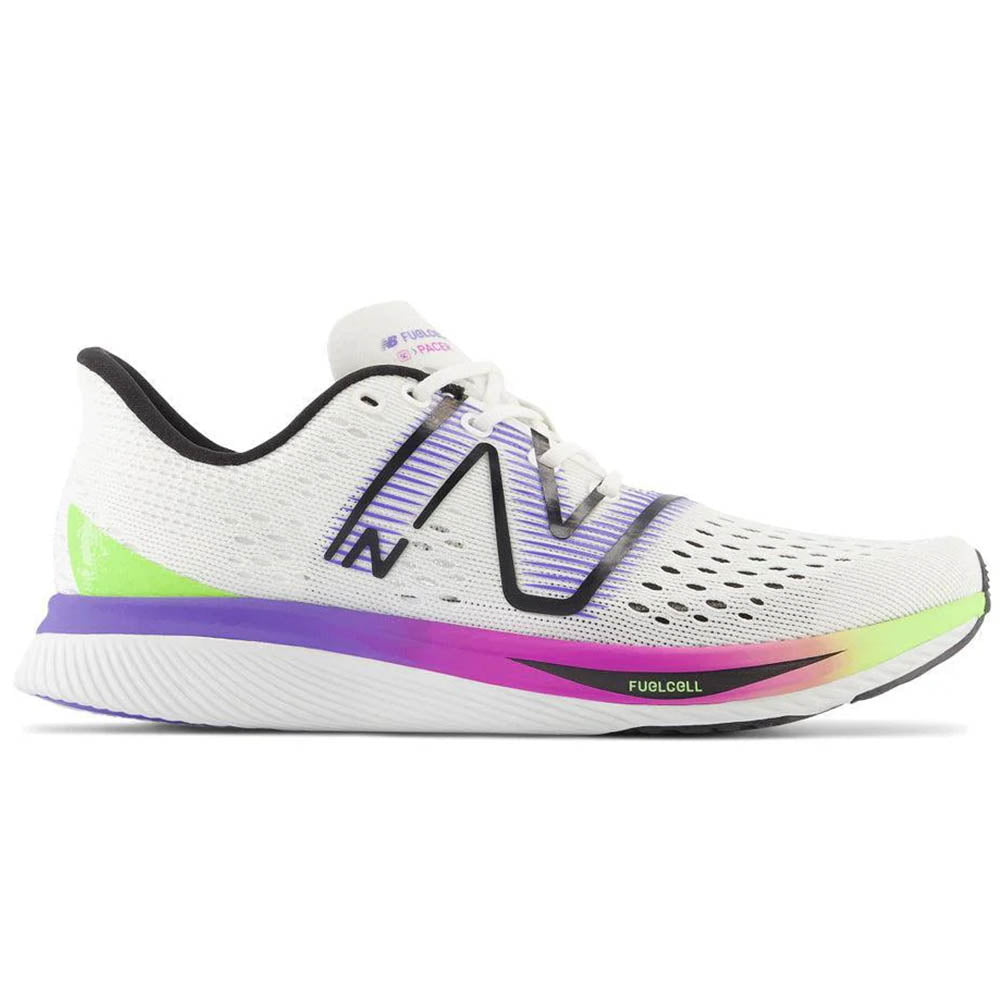 Side view on white background of Womens New Balance FuelCell SuperComp running shoe in White/Electric Indigo/Thirty Watt/Cosmic Rose, Medium (Regular) width