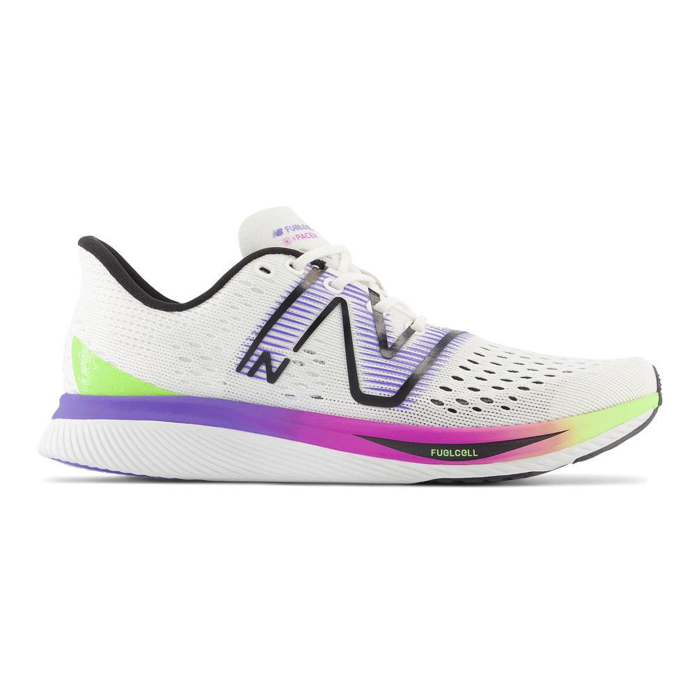 Women's New Balance FuelCell SuperComp Pacer v1, White/Electric Indigo/Thirty Watt/Cosmic Rose, 10 B Medium