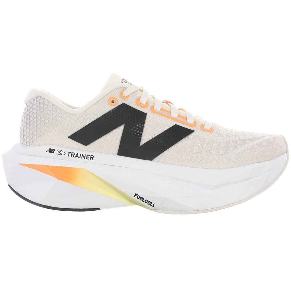 Side view on white background of Womens New Balance FuelCell SuperComp running shoe in Angora/Hot Mango/Black, Medium (Regular) width