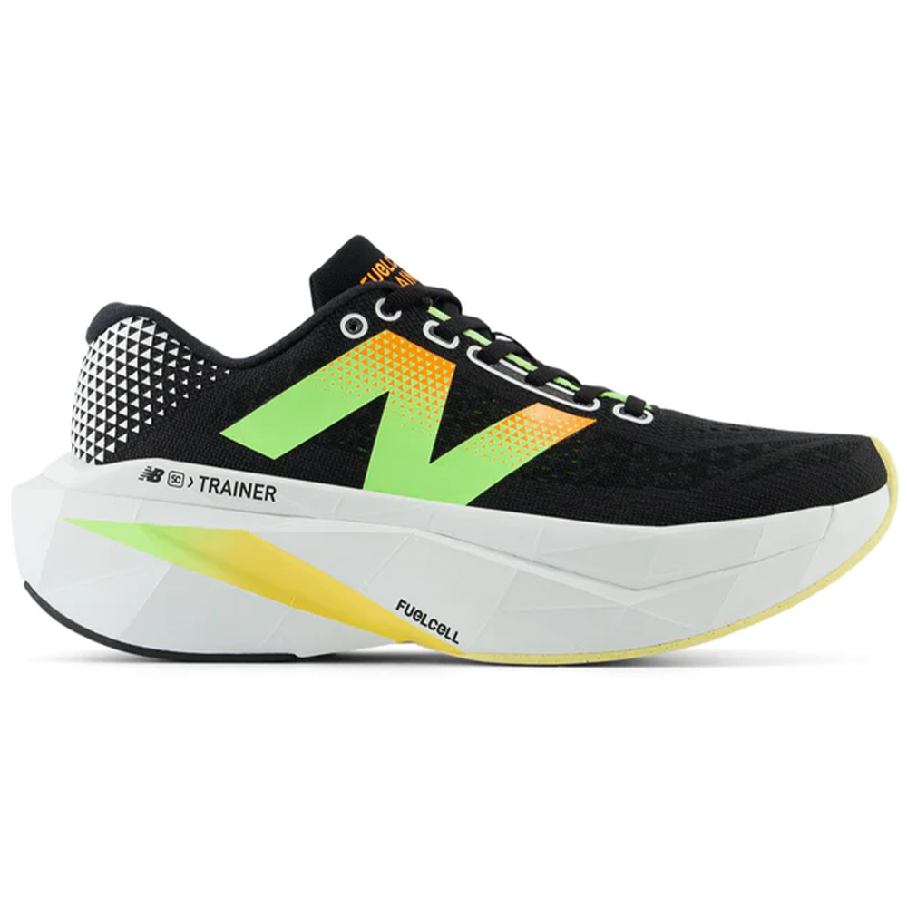 Side view on white background of Womens New Balance FuelCell SuperComp running shoe in Black/Phantom/Bleached Lime Glo/White Peach, Medium (Regular) width