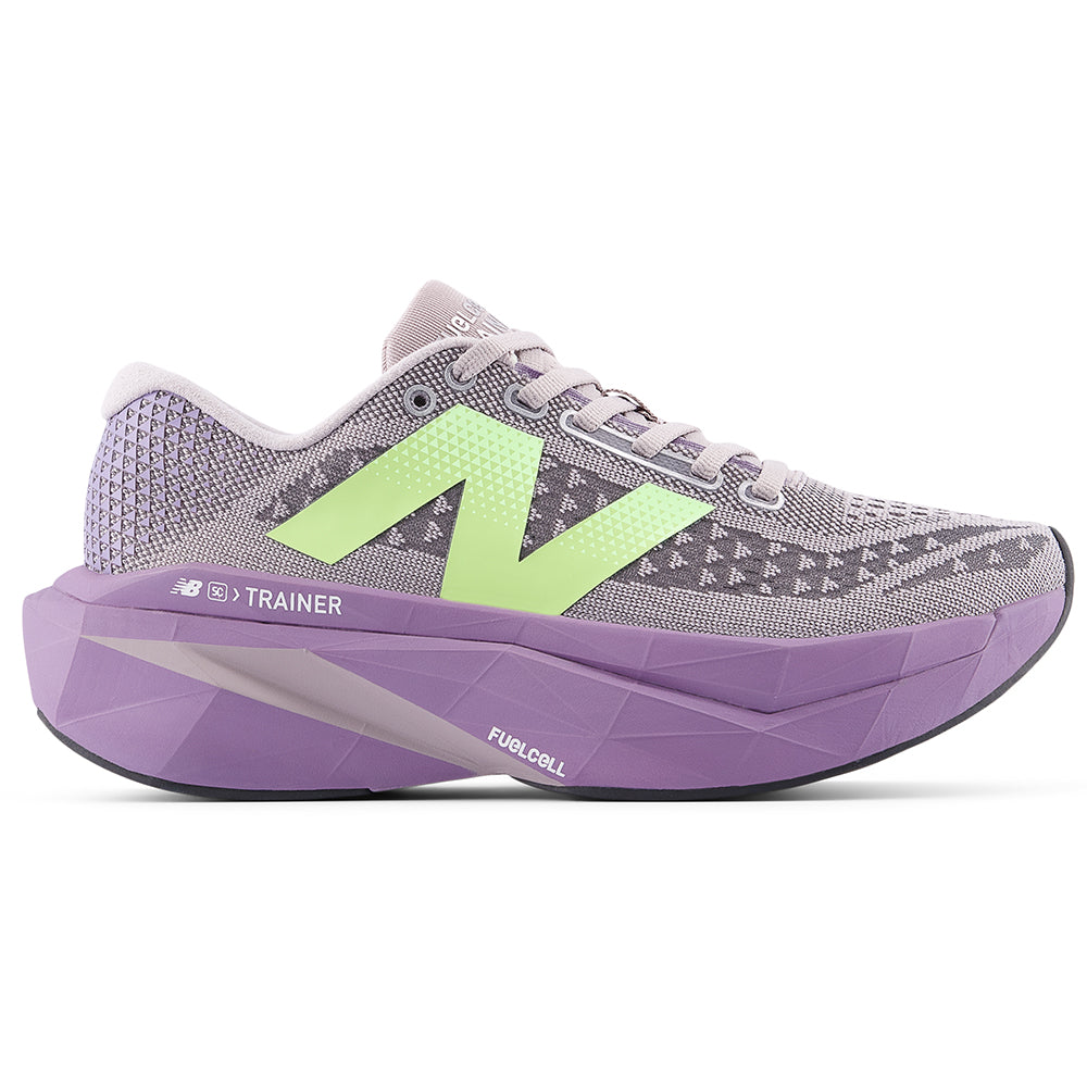 Side view on white background of Womens New Balance FuelCell SuperComp running shoe in Truffle Salt/Candied Violet, Medium (Regular) width