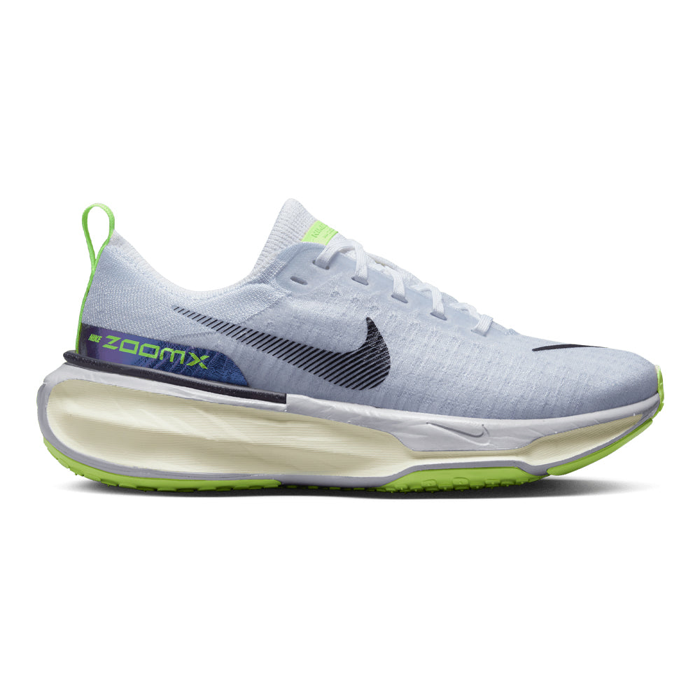 Side view on white background of Womens Nike Invincible running shoe in White/Black/Blue Tint/Purple Agate, Medium (Regular) width