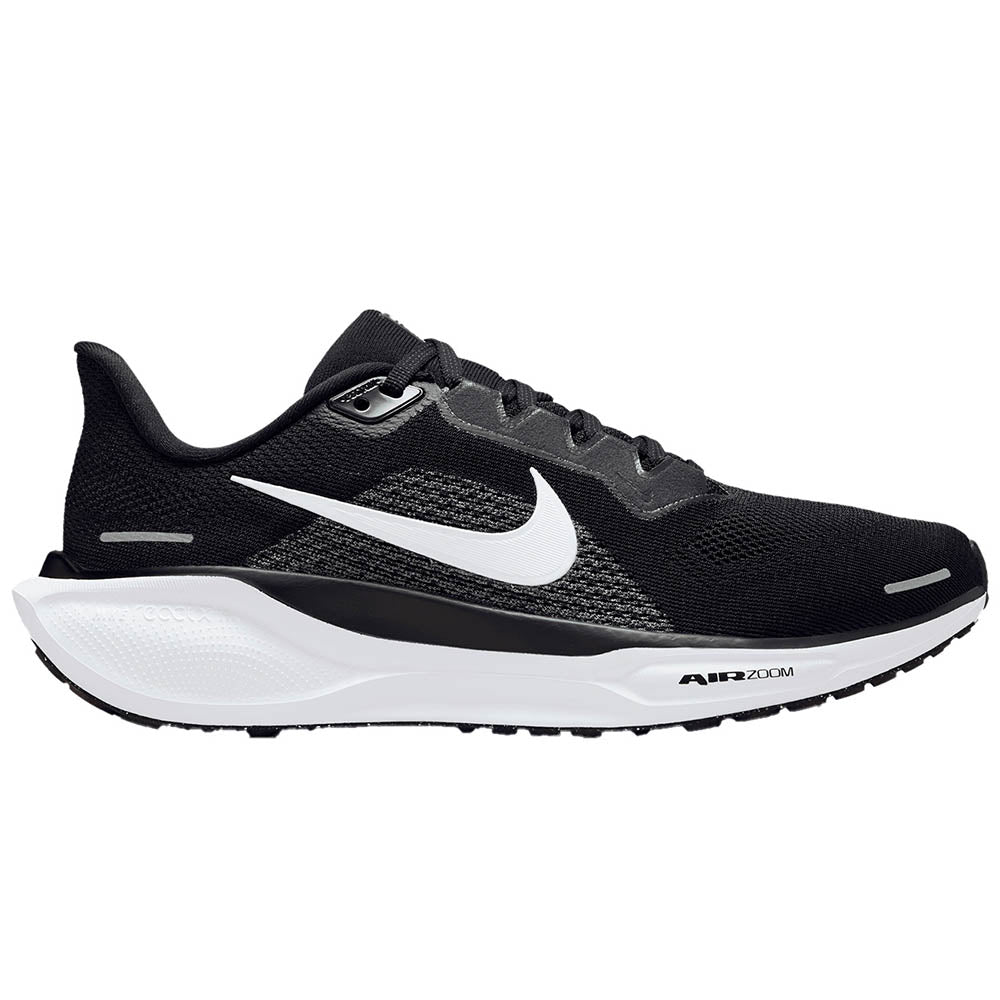 Side view on white background of Womens Nike Pegasus running shoe in Black/White/Anthracite, Medium (Regular) width