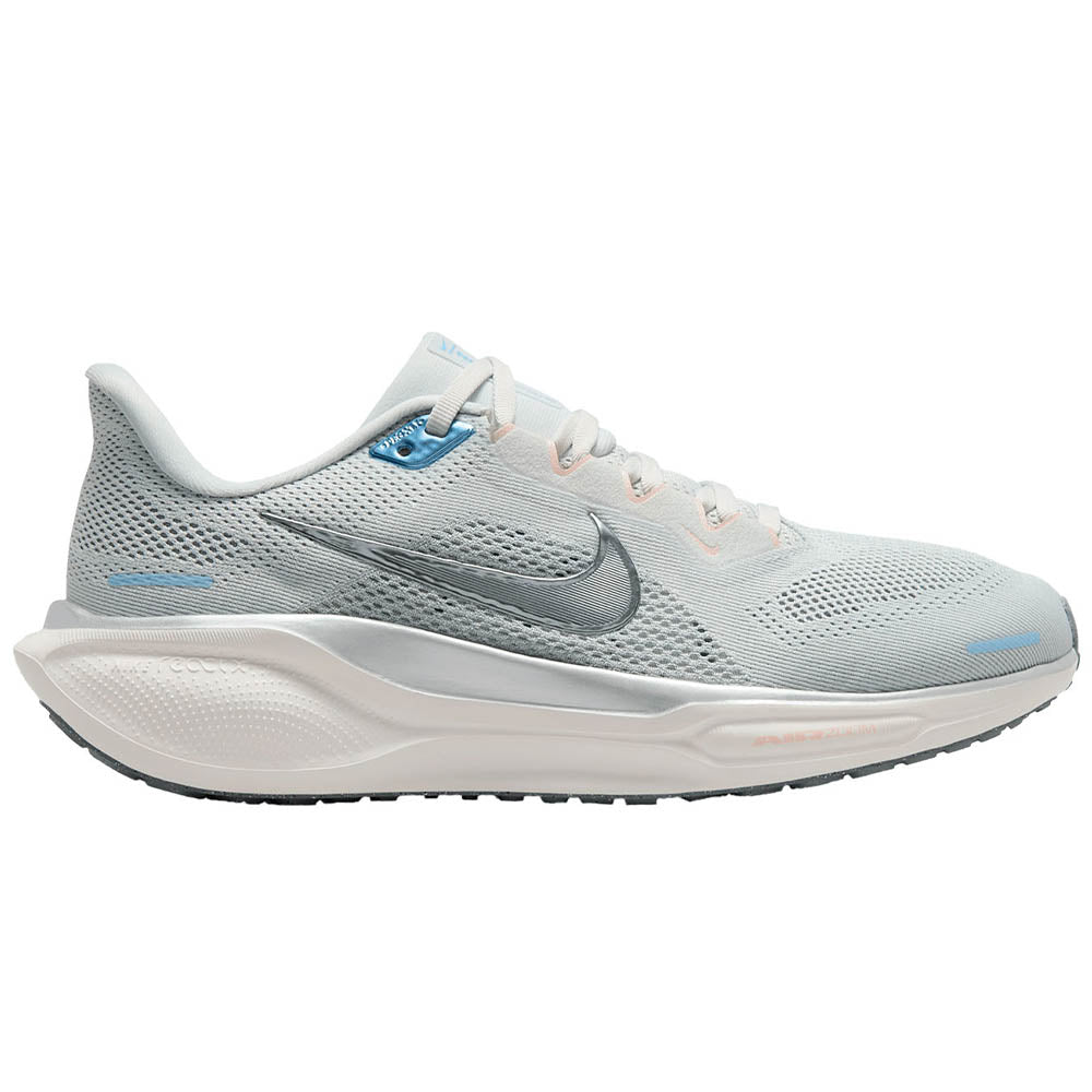 Side view on white background of Womens Nike Pegasus running shoe in Photon Dust/Mtlc Pewter/Sail/Echo Pink, Medium (Regular) width
