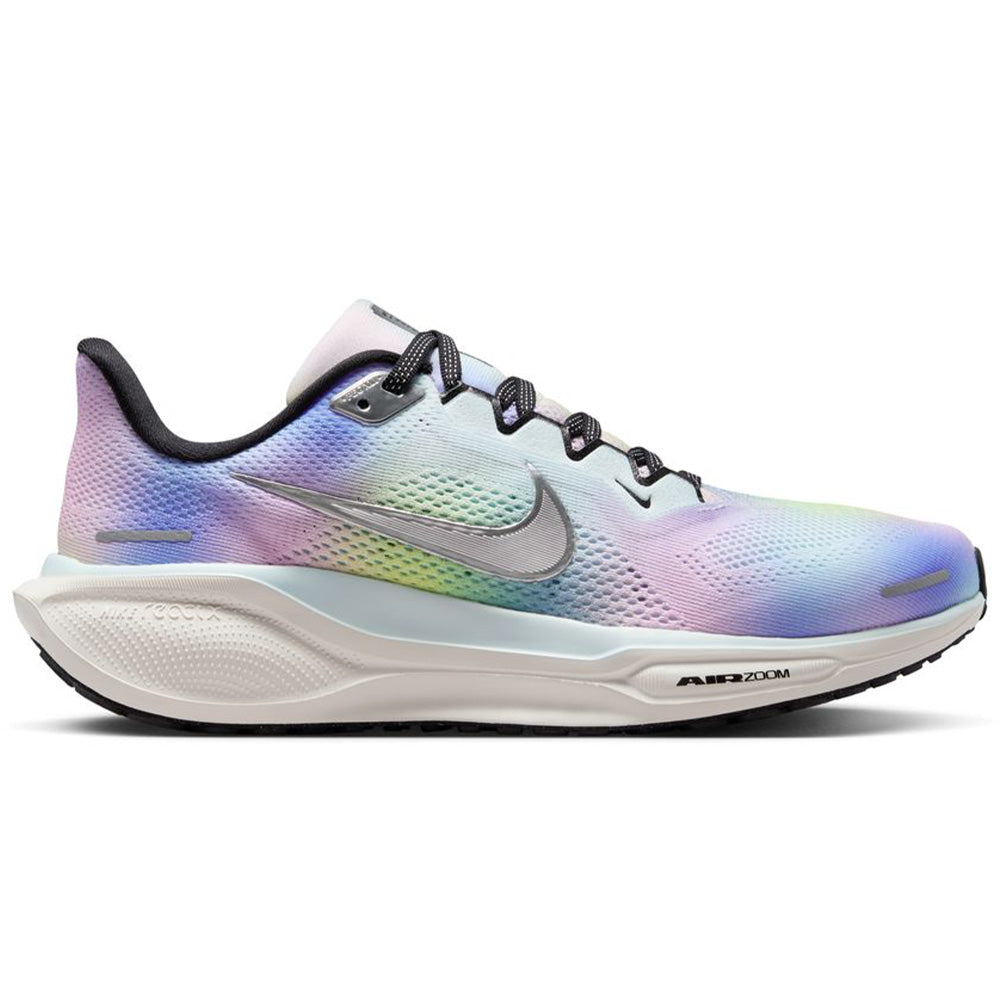 Side view on white background of Womens Nike Pegasus running shoe in Glacier Blue/Metallic Silver/Black, Medium (Regular) width