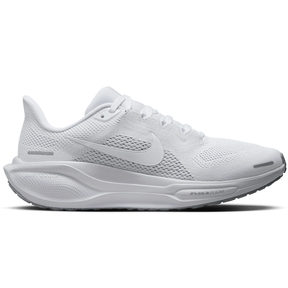 Side view on white background of Womens Nike Pegasus running shoe in White/White/Pure Platinum, Medium (Regular) width