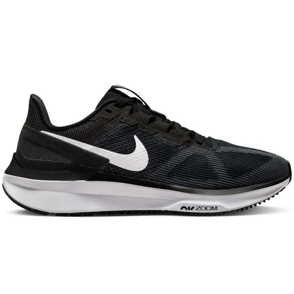 Side view on white background of Womens Nike Structure running shoe in Black/White/Dk Smoke Grey, Medium (Regular) width