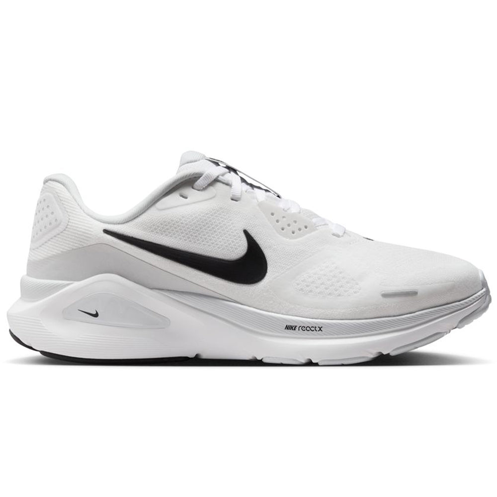 Side view on white background of Womens Nike Structure running shoe in White/Black/Pure Platinum, Medium (Regular) width
