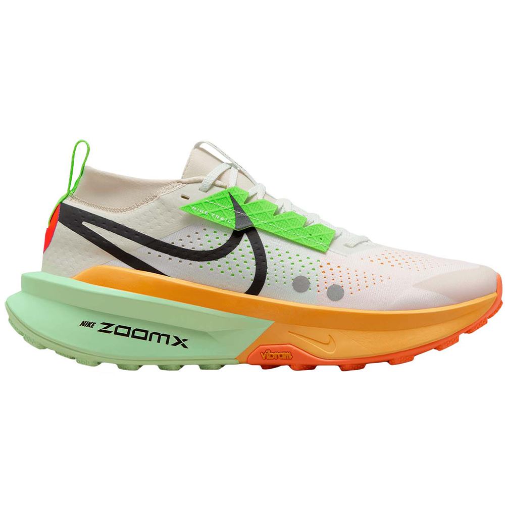Side view on white background of Womens Nike ZoomX Zegama running shoe in Summit White/Black/Laser Orange, Medium (Regular) width