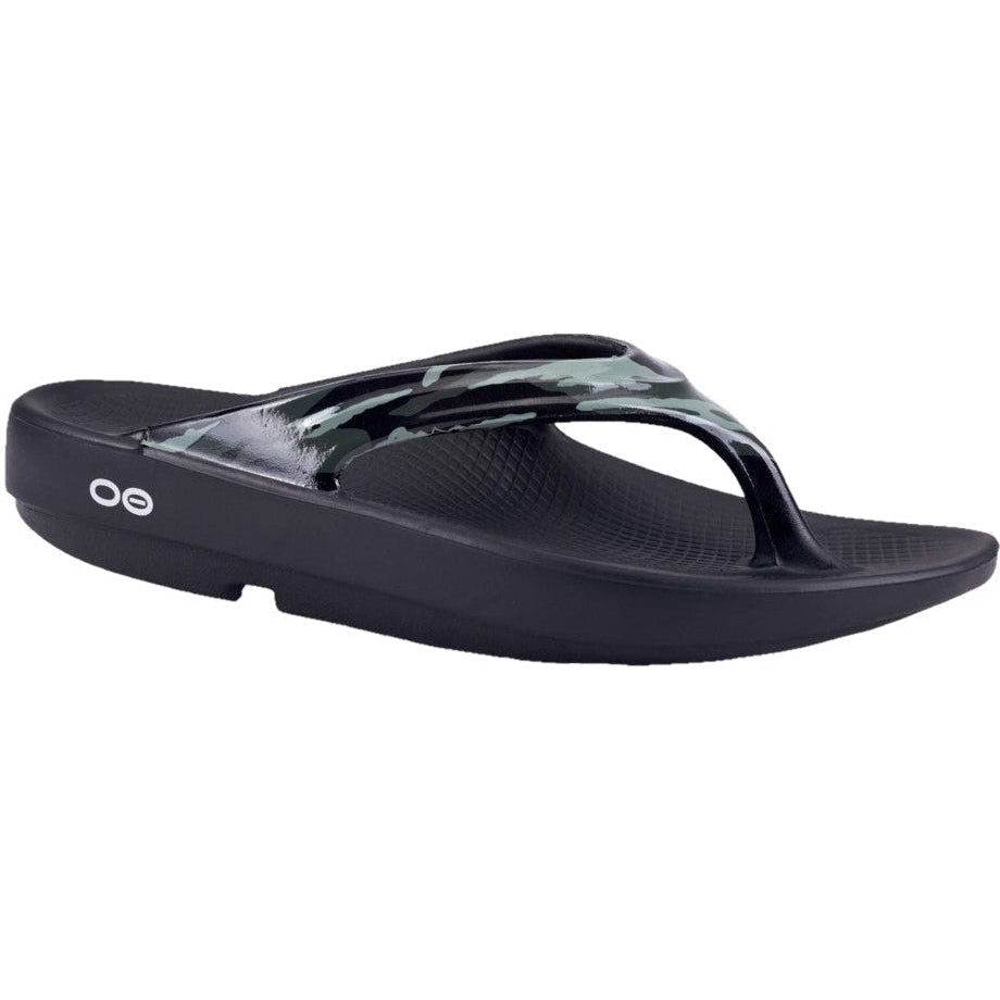 Side view on white background of Womens OOFOS Oolala running shoe in Black/Green Camo, Medium (Regular) width