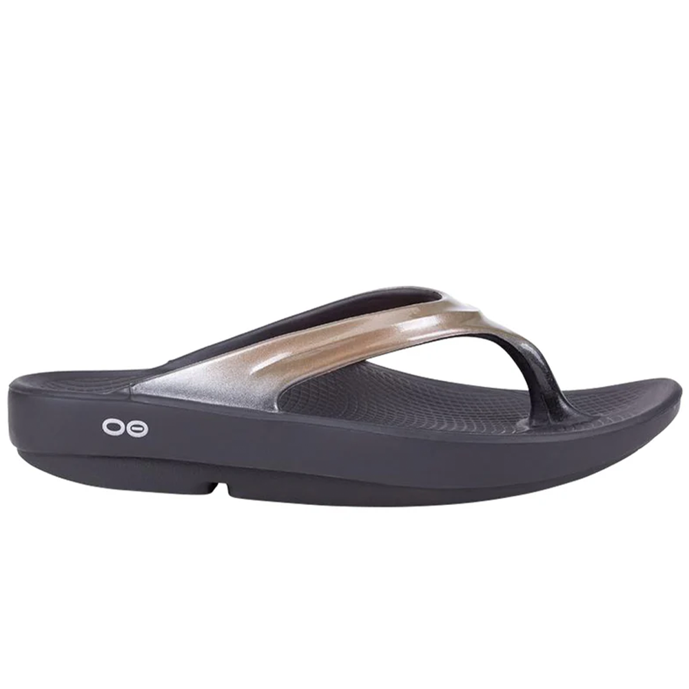 Side view on white background of Womens OOFOS Oolala running shoe in Latte, Medium (Regular) width