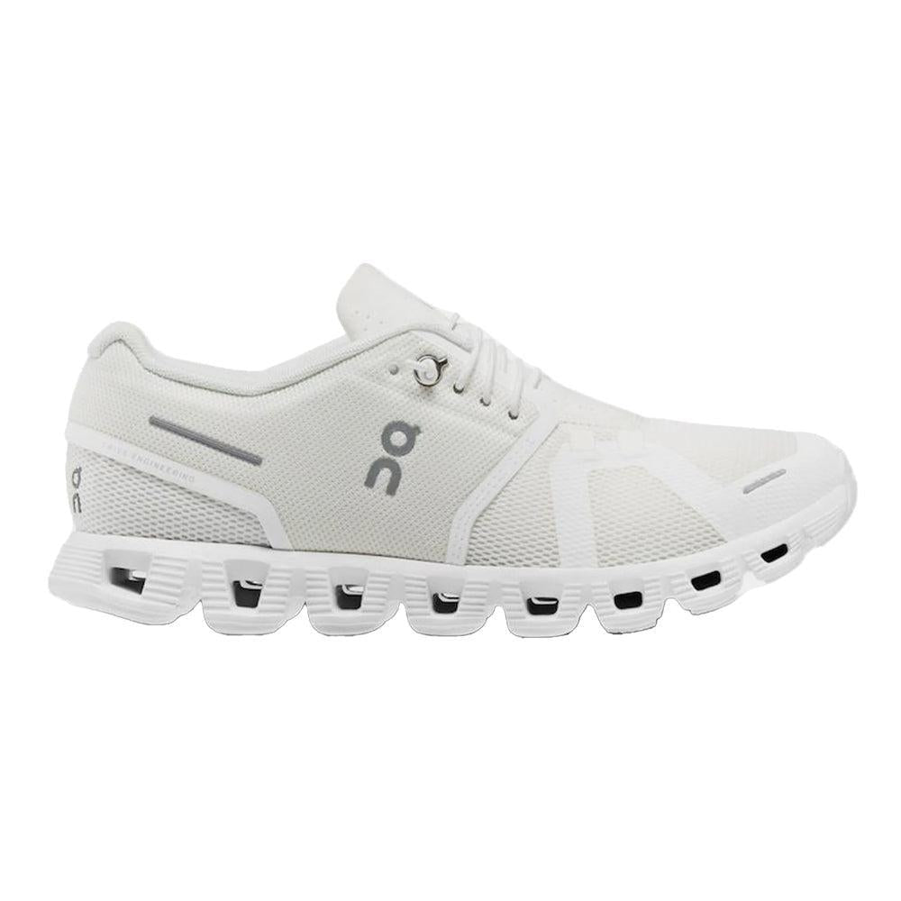Side view on white background of Womens On Cloud running shoe in Undyed-White/White, Medium (Regular) width