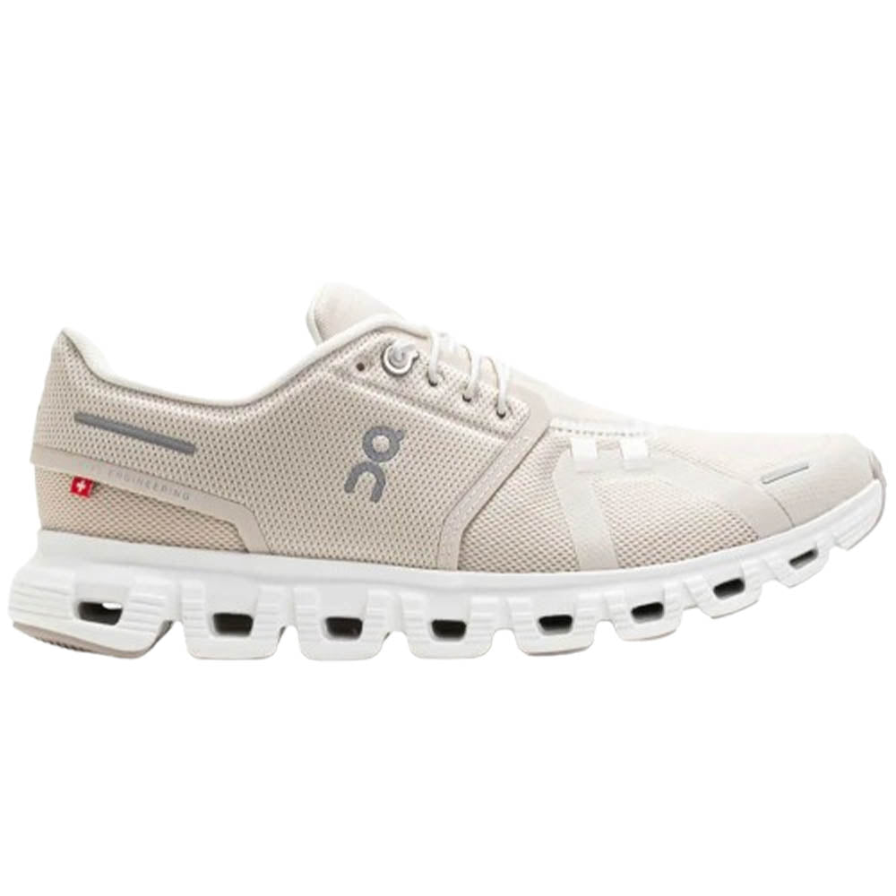 Side view on white background of Womens On Cloud 6 running shoe in Pearl/White, Medium (Regular) width