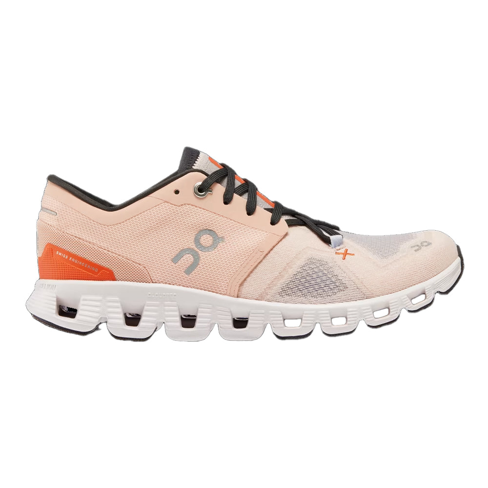 Side view on white background of Womens On Cloud X running shoe in Rose/Sand, Medium (Regular) width