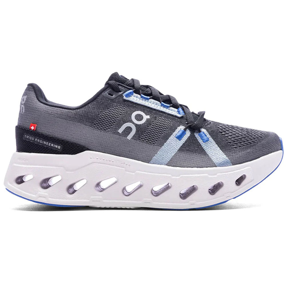 Side view on white background of Womens On Cloudeclipse running shoe in Black/Frost, Medium (Regular) width