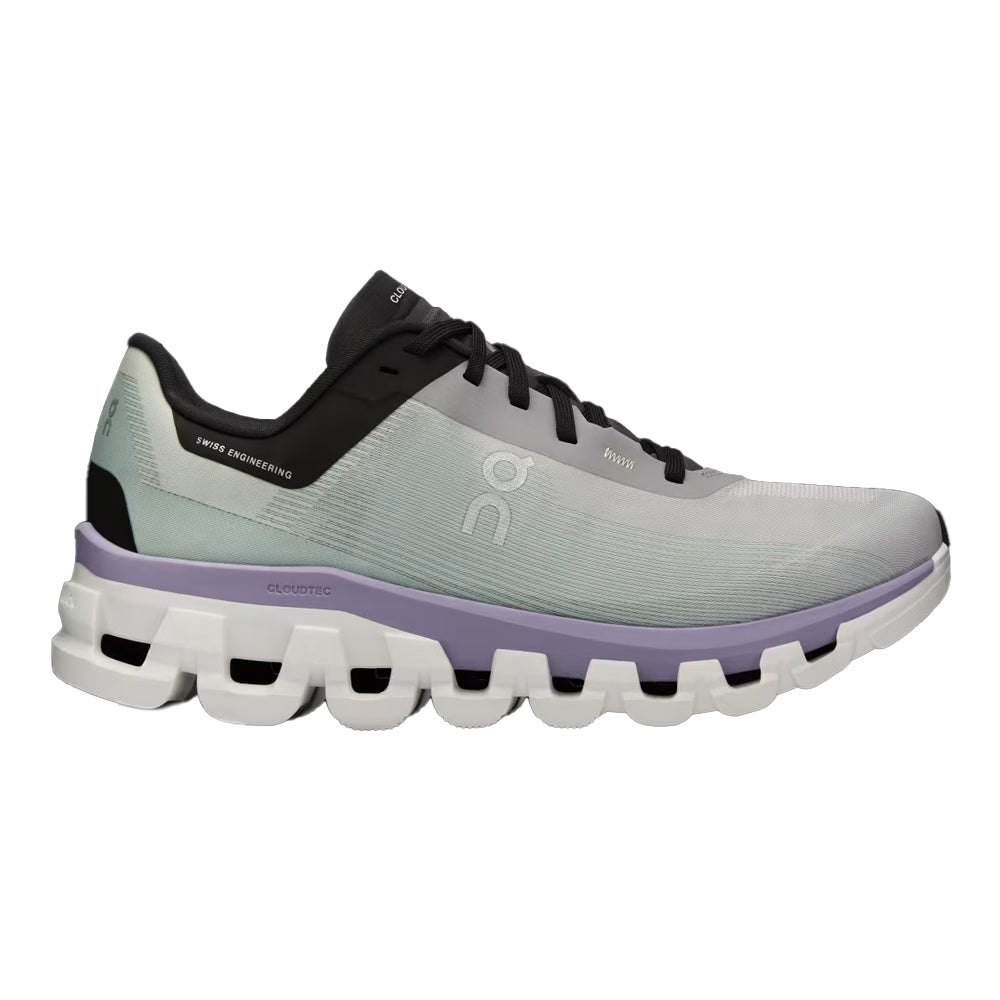 Side view on white background of Womens On Cloudflow running shoe in Fade/Wisteria, Medium (Regular) width